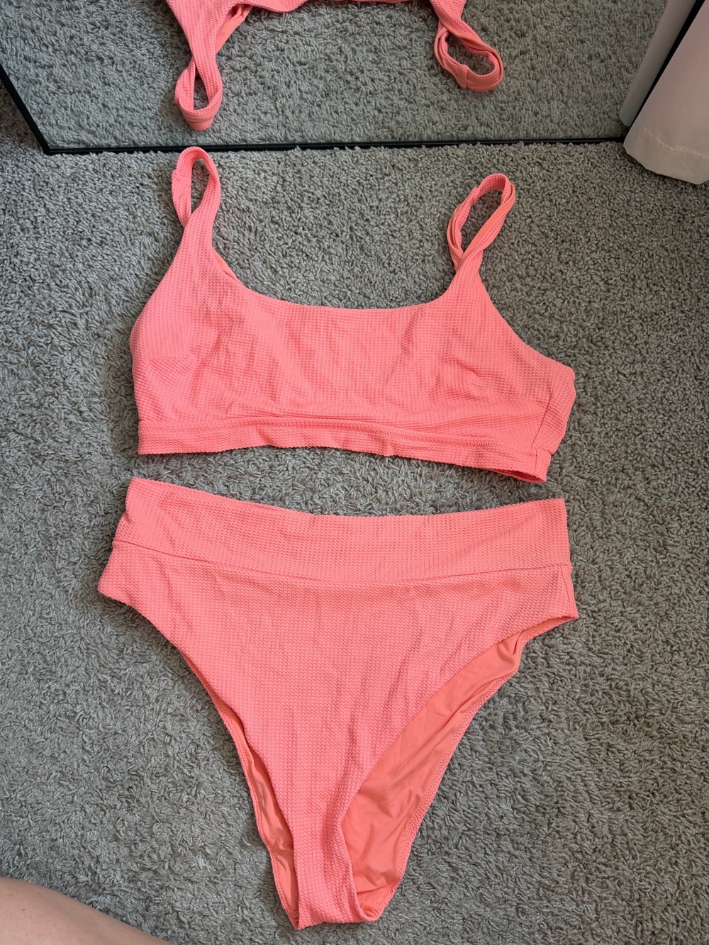 Aerie Coral Textured Bikini Set High Waisted Cheeky Scoop Top